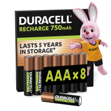Duracell AAA Rechargeable Batteries (Pack of 8), 750 mAh NiMH, 1000 cycles, pre-charged, Long Lasting Power with a 0% plastic 100% recyclable packagi