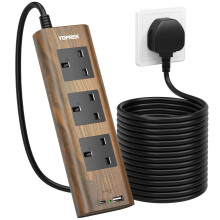 TOPREK Wood Grain 3 Way Extension Lead with USB Slots, Surge Protection, ON/OFF Switch, 13A/3250W, Extension Cable 5M for Home Kitchen Office