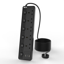WLV 3M 5 Gang Extension Lead with 3 USB Slots, Black Extension Lead with Individually Switch, Wall Mounted Power Strip for Dorm, Kitchen, Living Room