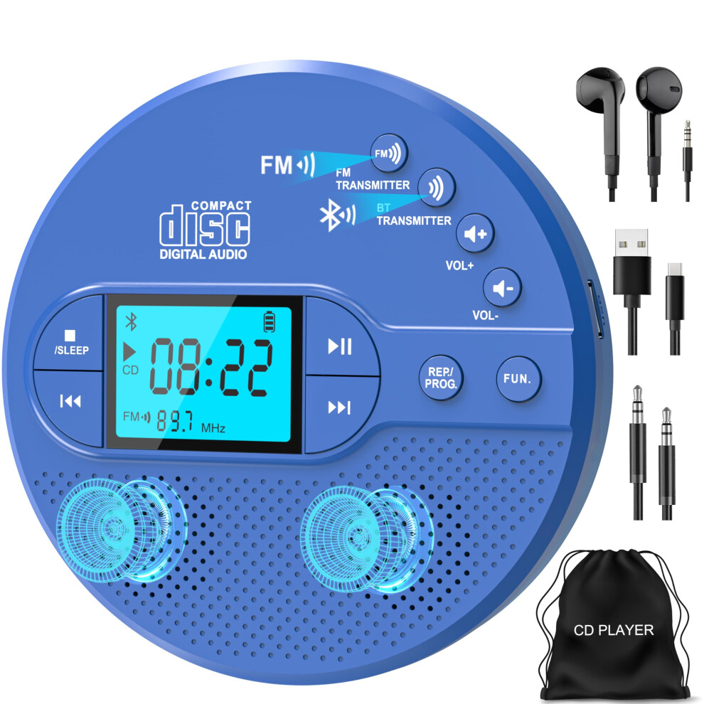 Greadio New Portable Cd Player With Bluetooth, Discman Cd Player With 2000Mah Rechargeable Battery, Compatible Fm Transmitter, Usb, Aux, Personal Mp3 5002346440569