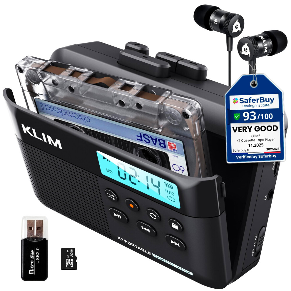 Klim K7 Cassette Tape Player - Cassette To Mp3 Converter - Portable Cassette Player - Tape Recorder With Built-In Microphone & Speaker - Rechargeable 5000901002405