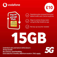 Vodafone SIM Card UK PAYG 10 Bundle -7GB + Unlimited Calls & Texts 30 day bundle