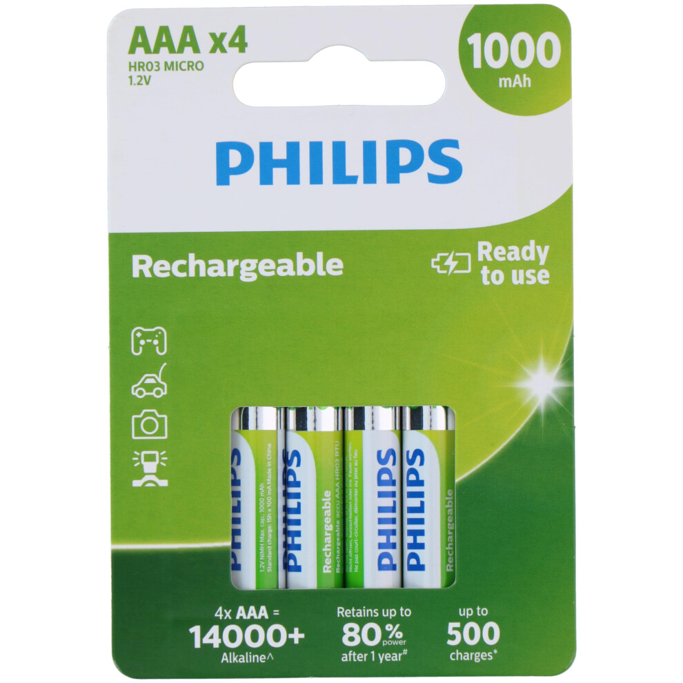 Philips Aaa Batteries - Hr03 Rechargeable Batteries - Nimh 1.2V - 500 Recharges