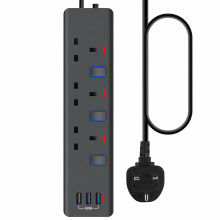Extension Lead with USB Slots(3 USB), 2M Extension Lead, Black Extensions Leads 2M,13A 3250W, Surge Protected Power Strip with Individual Switches, f
