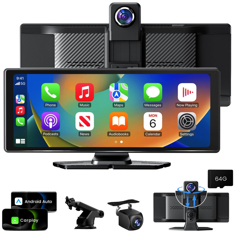 10.26" Wireless Carplay Screen - 360 Rotation 4K Dash Cam Carplay & Android Auto Portable Car Stereo Car Audio Receivers With 1080P Backup Camera, M 5001498376580