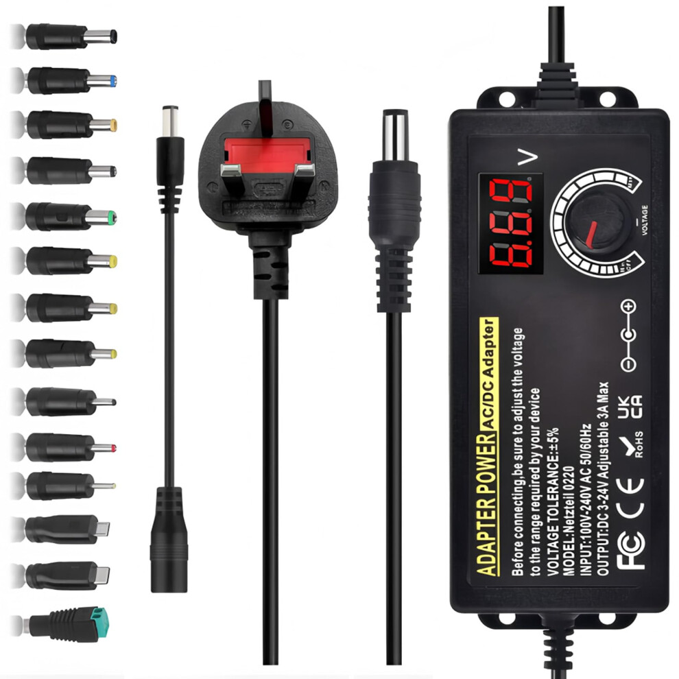 3A 72W Universal Power Supply Adapter: Adjustable Variable Ac/Dc Adapter Charger 100V-240V Ac To Dc 3V~24V Converter With Led Voltage Display 14 Tips 5008935045825