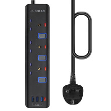 Extension Lead 2M, Extension Lead with USB Slots(3 USB), 3 Way Plug Extension Socket with Individual Switches, Surge Protected, Wall Mountable Extens