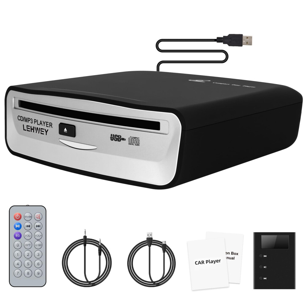 Lehwey Usb Cd Player For Car, External Car Cd Players With Aux & Fm Transmitter, Portable Cd Player For Cars Without Cd Drive, Anti-Skip, Remote Cont 5005615099703