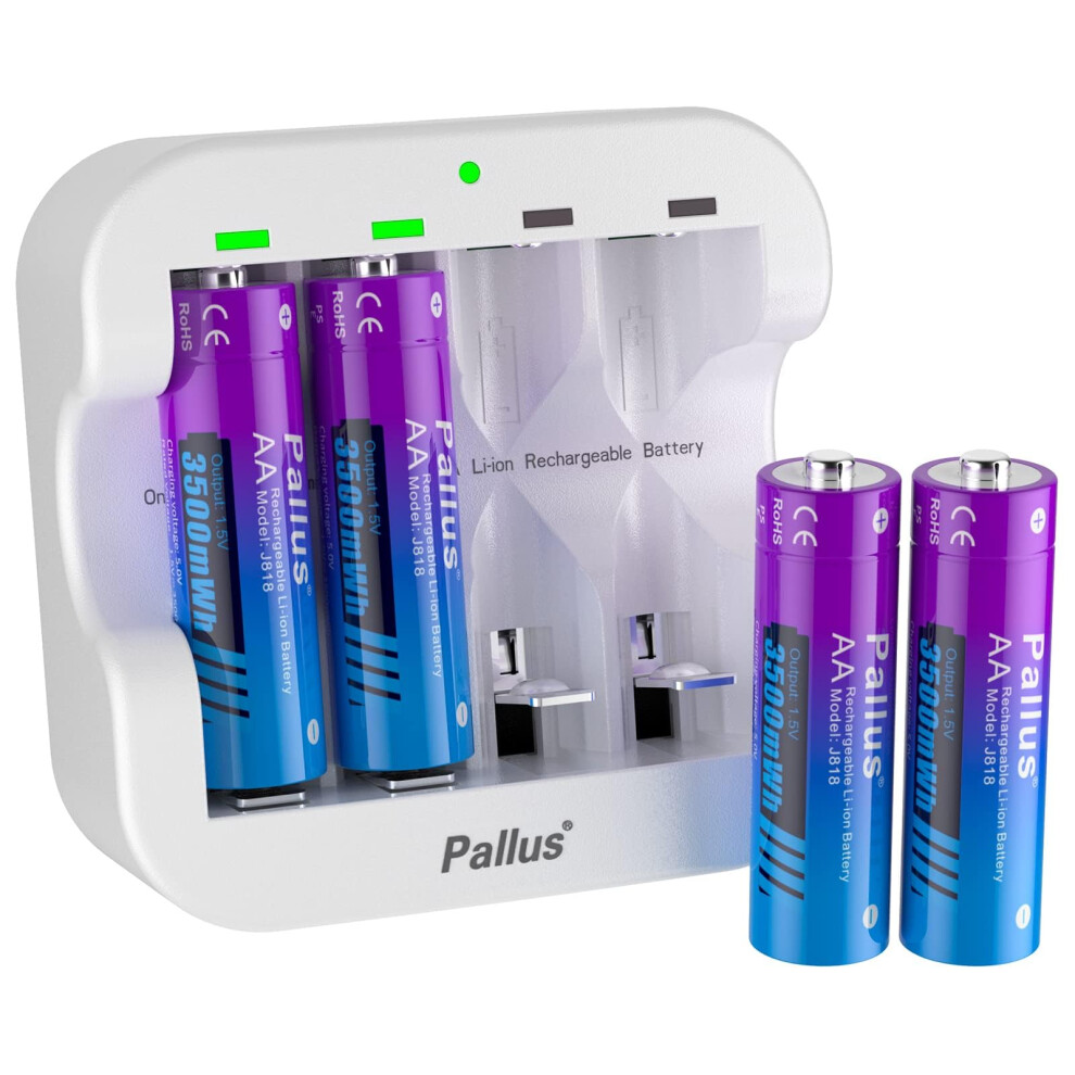 Pallus Rechargeable Aa Lithium Batteries, 4 Pack 3500Mwh High Capacity Lithium Aa Battery With Fast Charger, 1600+ Long Cycle Double A Li-Ion Battery 5004218695497