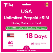 USA eSIM 18 Days. Unlimited High-Speed Data, Local Calls & Texts in USA (Hawaii Included). No Need to Wait for Package!. Get eSIM Same Day via Email