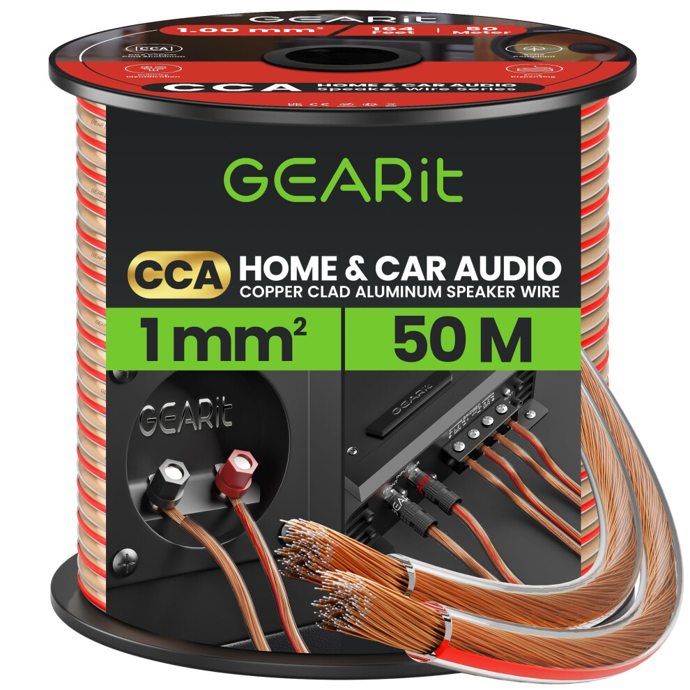Gearit 18 Gauge Speaker Cable 50M, Flexible 2X1mmâ² Speaker Wire With Polarity Markings, 18Awg Cca Audio Cable For In-Wall Home Theater, Car Audio Ste 5009223405161