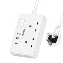 TOPREK 2 Plug Extension Lead with USB C Slots, 2 USB-A Ports + 1 USB-C, Slim Flat Plug (0.57inch), 1.5m Extension Cable with Switch & 8-Safety Protec