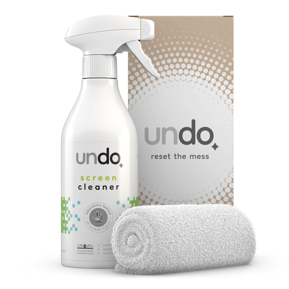 Undo Screen Cleaner Spray (500Ml) With Microfibre Cloth - Screen Cleaning Kit For Phones, Laptops, Monitors, Tv, Glass Screens - Removes Smears, Grea 5003655088954