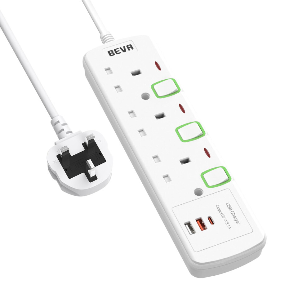 Photos - Electrical Wire & Cable Extension Lead with USB Slots, BEVA 3 Way Plug Extension With 2 USB-A and 1 USB-C, Individual Switched Extension Socket Moun