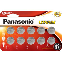 Panasonic CR2016 3.0 Volt Long Lasting Lithium Coin Cell Batteries in Child Resistant, Standards Based Packaging, 10-Battery Pack