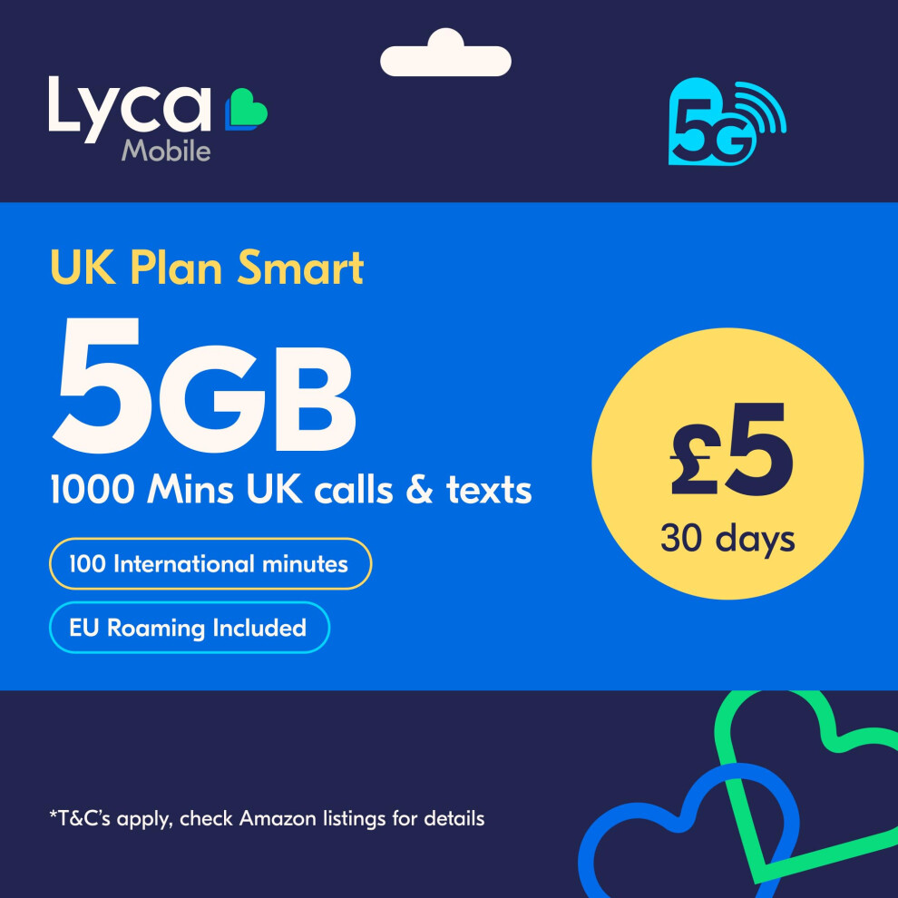 Lyca Mobile Uk Prepaid Sim Card | Uk Plan Smart | 5 Gb Data | 5G Speed | 1000 Uk Minutes & Sms | International Calling | 5/30 Days 5009404932875
