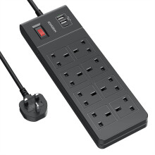 NVEESHOX Black Extension Lead [13A 3250W], 8 Way Outlets Power Strip with 3 USB Ports, 2M Surge Protected Extension Lead with USB Slots, Multi Plug E