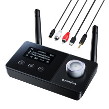 SOOMFON Bluetooth 5.3 Transmitter Receiver for TV, 3-IN-1 Wireless Audio Transmitter with Optical/3.5mm Aux Support 30M Range, Volume Control, Dual L
