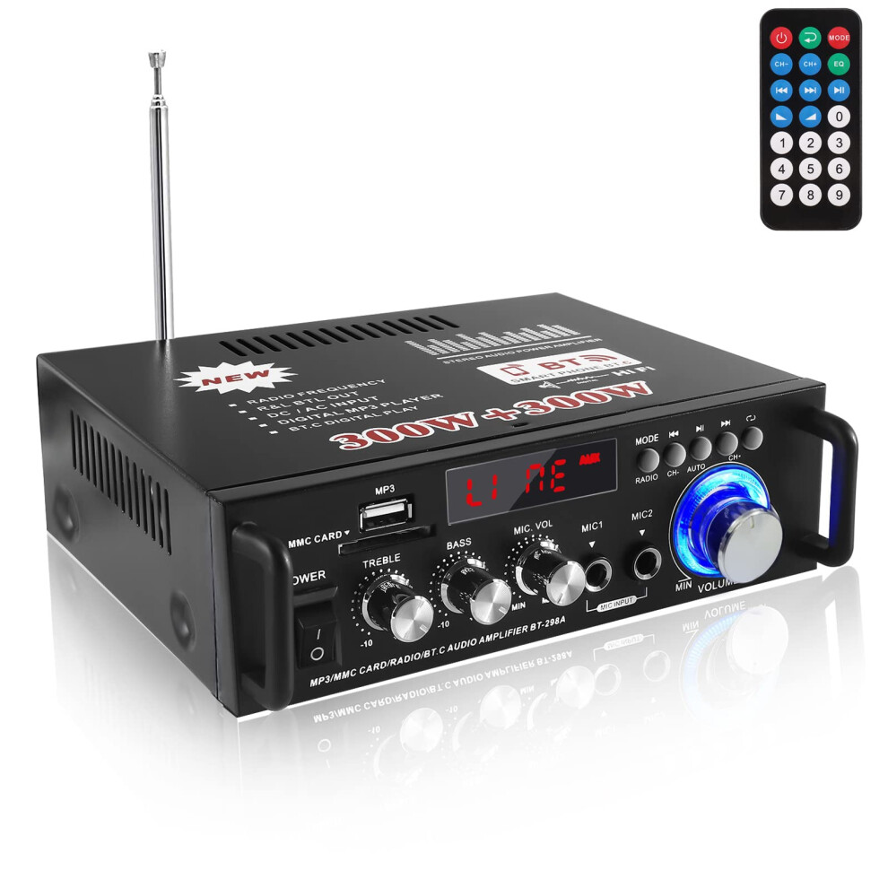 Etlephe Mini Audio Amplifier, Bluetooth 5.0 Stereo Amplifiers, 300W+300W 2 Channel Power Sound Receiver/Usb,Sd Card,Fm Radio,2 Mic For Home Speakers 5004342555698