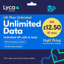 Lyca Mobile UK Prepaid SIM Card | UK Plan Unlimited | No Data Limits | 5G Speed | 35 GB Roaming | 100 International Minutes | Free UK Calls & Text. H