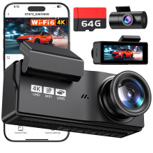 4K+4K Dual Channel Car Dash Camera, Wi-Fi6 Dashcam with 64GB SD Card