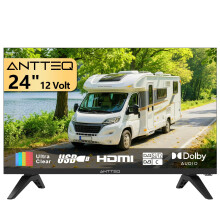 Antteq 24 inch 12 Volt HD TV, Bezel-less Design Frameless TV Freeview DVB-T2/C/S2 Dolby Audio, HDMI VGA PC SCART USB, Travel Small Screen TV for Moto