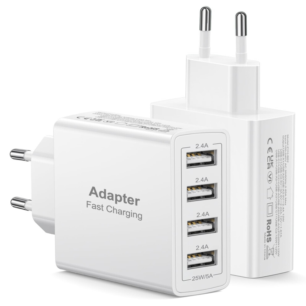 Eu Travel Adapter Charger 2Pack, 25W Uk To European Plug Adapter Fast Charging With 4 Usb A, European Wall Adaptor Eu Usb Adaptor Plug Fast Charger F 5005732216458