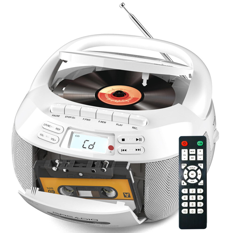 Greadio Portable Cd Player With Speakers, Boombox Cassette Player With Bluetooth, Fm Radio, Usb/Aux Playback, Lcd Display, Remote Control, Tape Recor 5007677897037