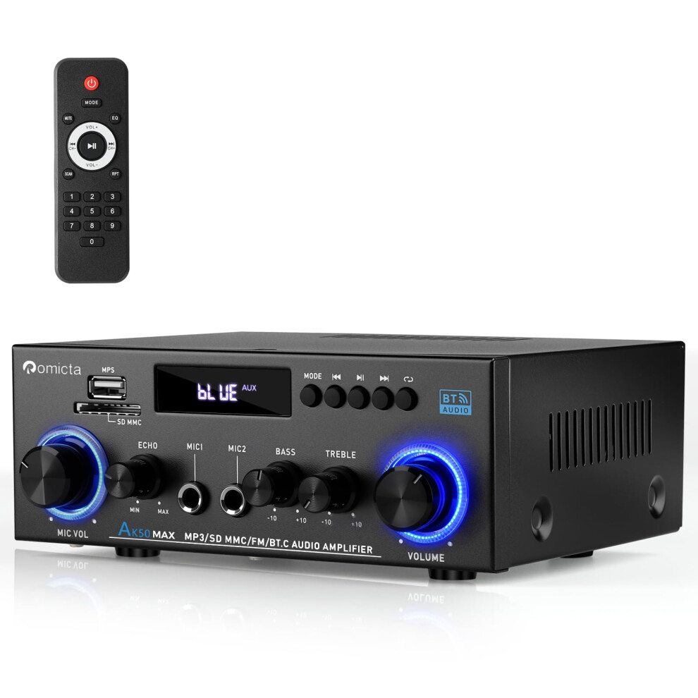 Romicta Stereo Audio Hifi Amplifier, 800W Bluetooth Amplifier 5.0, 2 Channels 12V/230V, Lcd Display, Sd/Usb, Fm Radio, Compatible With Active Subwoof 5008532227990