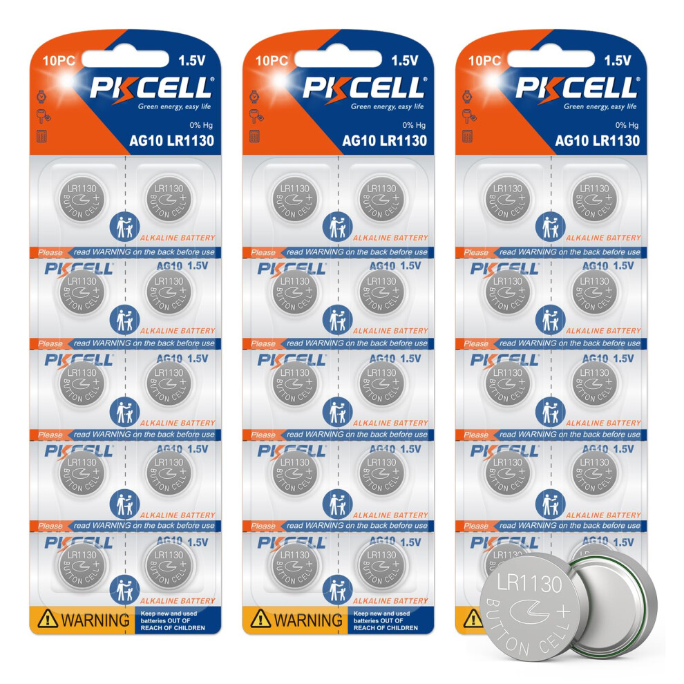 Pkcell Lr1130 Ag10 30Pcs Sr1130 Lr54 Battery 1.5V Long-Lasting Alkaline Button Cell Batteries 5001724991280