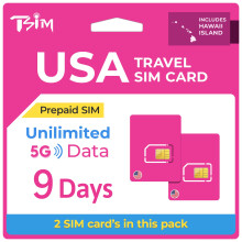Prepaid SIM Card USA Travel – 2 Pack | 9 Days | Unlimited 5G Data, Calls & Texts on T-Mobile Network (Hawaii Included) | Upgraded 5G SIM Card!