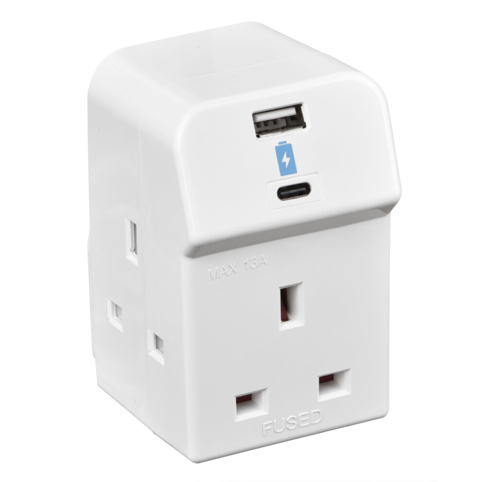 Masterplug Three Socket Fused Wall Plug Adaptor With Usb A & C Charging Ports, White, 13A, 10.5W, 3G, A3uac10 5009377769812