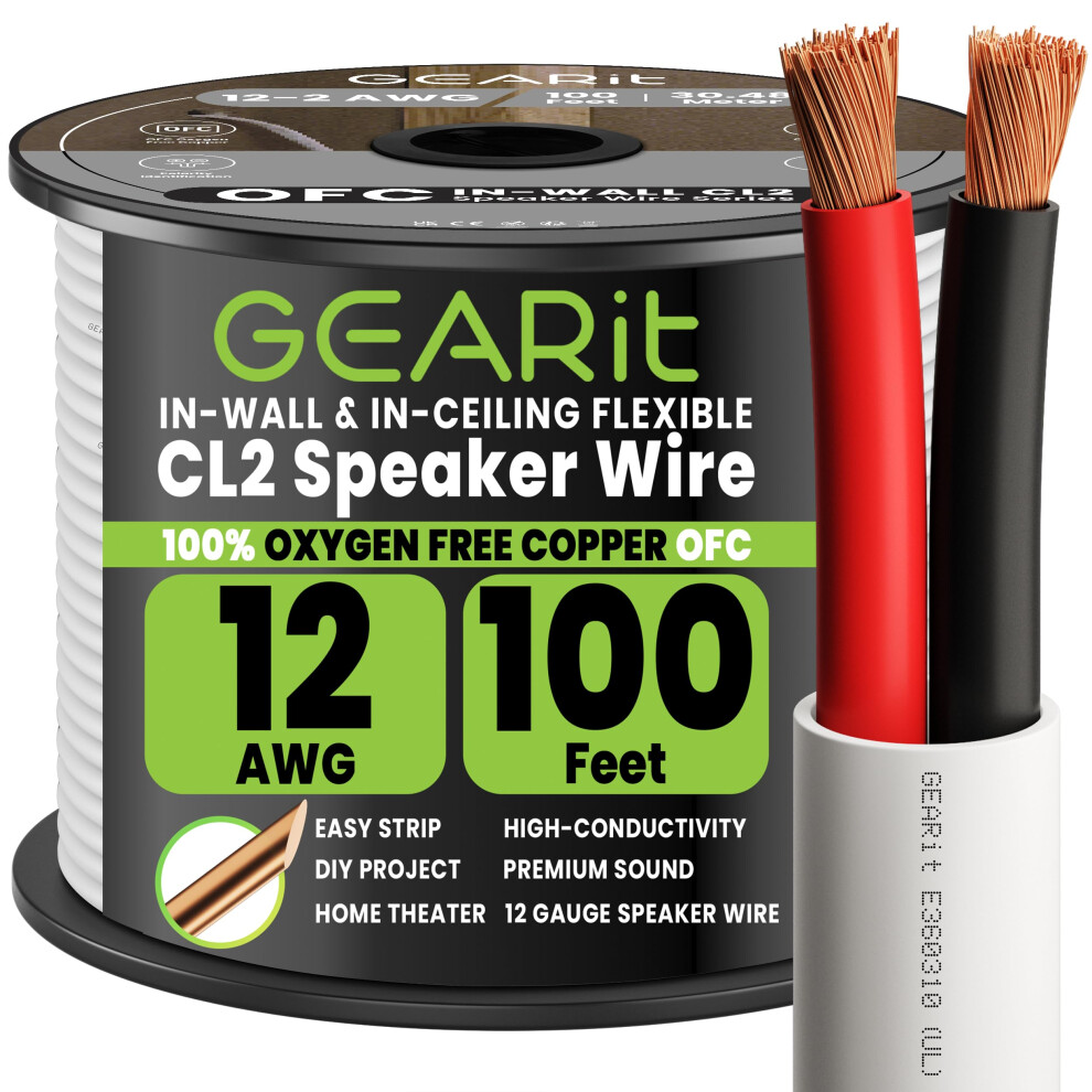 Gearit 2X4mmâ² Speaker Cable Ofc,Ul Cl2 Rated 12 Awg Wire 30.48 M/100 Ft,Copper Wire With Polarity Mark,Speaker Wire For In-Wall Home Cinema,Home,Car 5006494242044