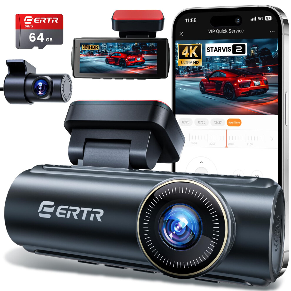 4K Dash Cam Front And Rear, 5Ghz Wifi Dashcam With 64Gb Sd Card,4K+1080P Dual Car Dash Camera, Full Hd Dash Cam With App Control, G-Sensor, Wdr, Loop 5008480261213