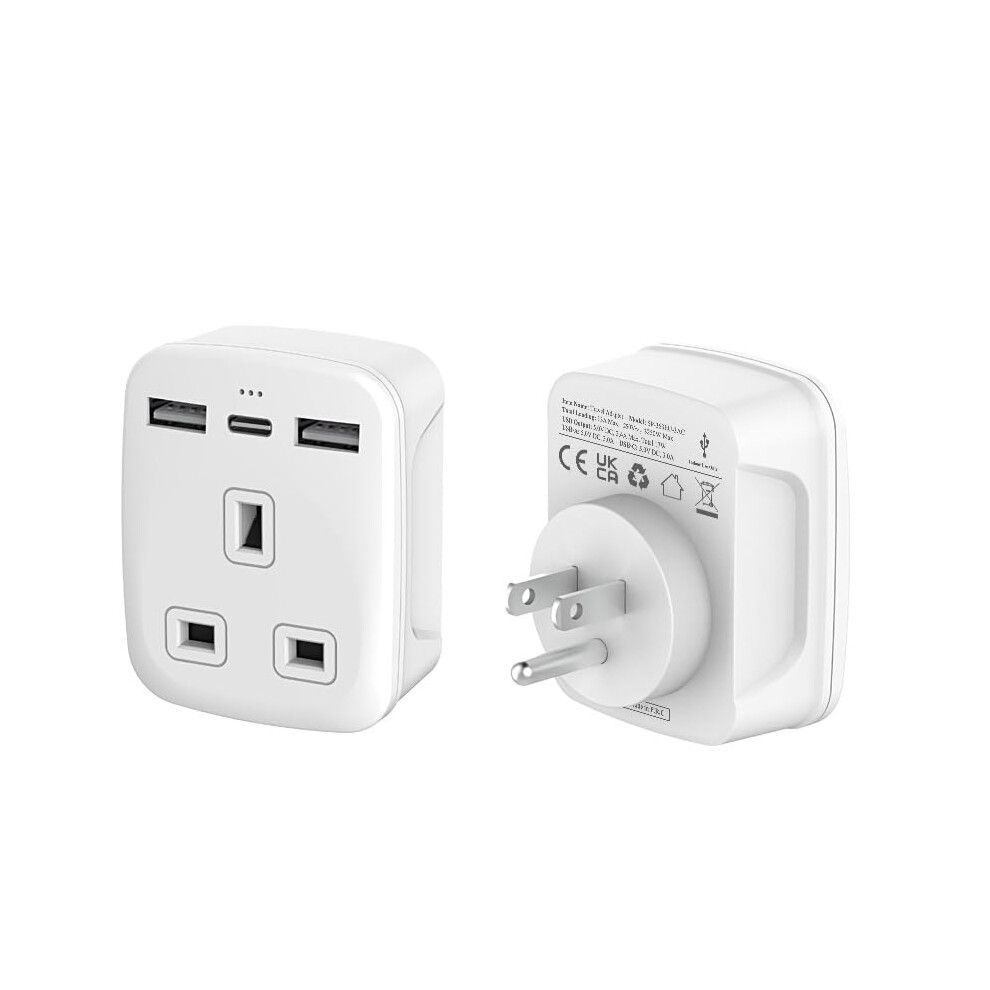 Techmax Uk To Usa Plug Adapter With Usb Type G To Type B Travel Adapter For Canada, Thailand, Mexico, Jamaica, Dominican Republic, Barbados, China An 5002663877086