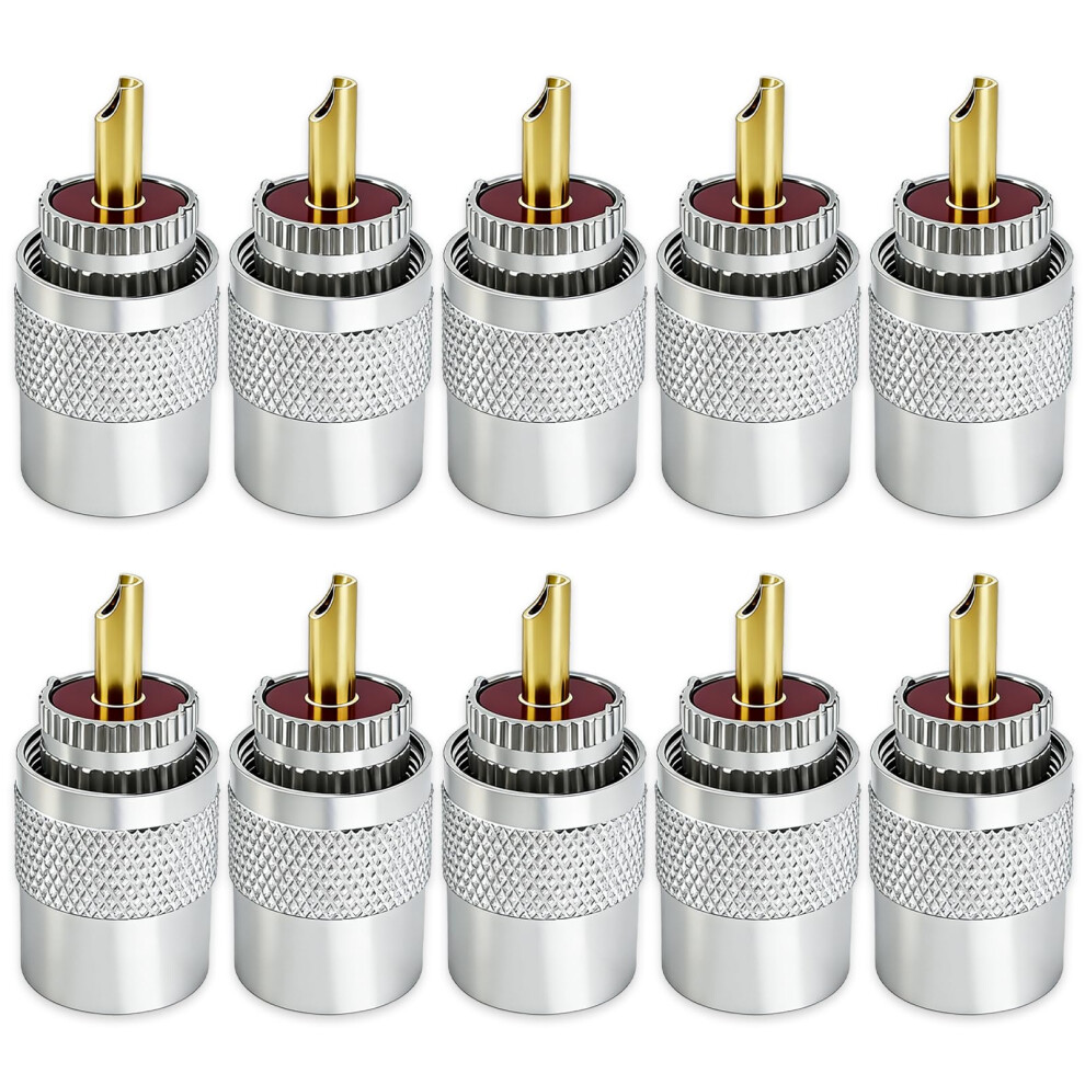 Pl259 Uhf Male Coaxial Connectors 10 Pack With Reducer, Solder-Type 50Ohm Teflon -Plated Brass, Compatible With Rg58/Rg59/Rg8/Rg8x/Rg213/Lmr Cabl Gold 5007469126659
