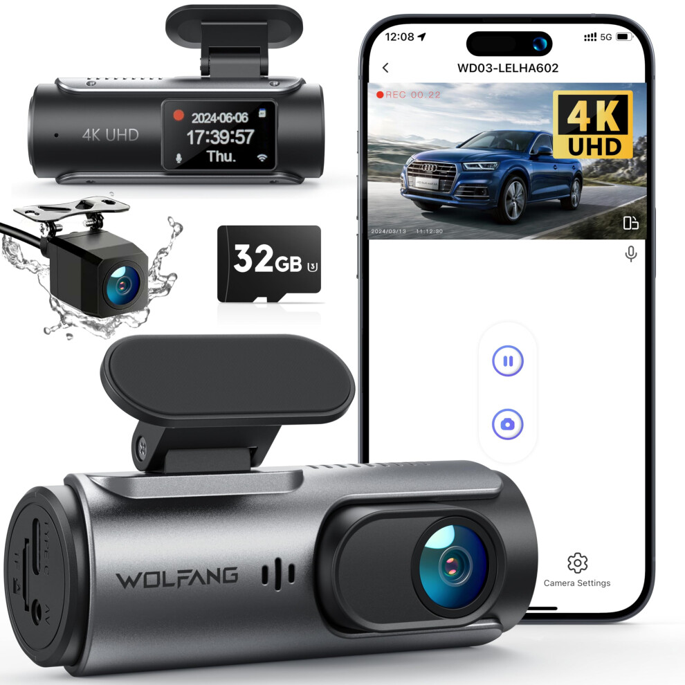 Wolfang 4K Dash Cam Front And Rear Wifi Dashcam, Dual Car Camera Dash Cam With Super Night Vision, Loop Recording, G-Sensor, 170 Wide Angle, Parking 5006772508626