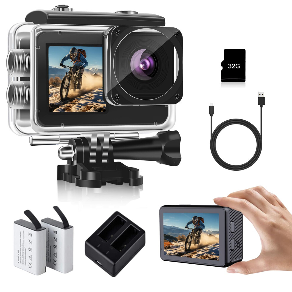 Fceoul Action Camera 1080P Fhd 16Mp, 40M Waterproof Camera For Underwater & Sports With 2" & 1.3" Dual Colour Screens, Includes 32Gb Sd Card, 2X 1050 5007097069922