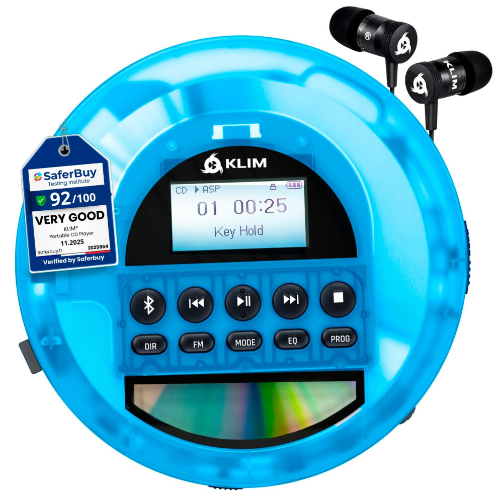 KLIM Nomad Transparent Blue - Portable CD Player with Long-Lasting Battery - Includes Headphones - Discman MP3 Player - TF Card FM Radio Bluetooth AU-image-OPC-PVRP5K9-NEW