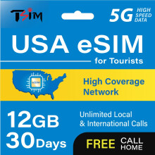 USA eSIM for Tourists 30 Days 12 GB Data on High Coverage Network | Unlimited Local & International Calls | Free Call Home | Get eSIM Same Day! | Hot