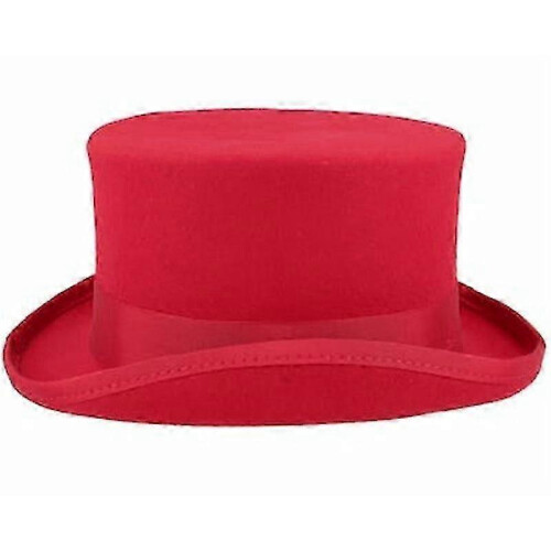 (BLACK) Mid Crown Red Top Hat - Unisex Steam Punk Cylinder Wool Felt Hat