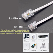 JZK 1.5M White RJ11 to RJ45 Cable, Ethernet Patch Network Lead, Telephone ASDL Patch Lead 6P4C to 8P8C Flat Network Extension Cord for ADSL, VoIP, Fa