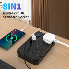 Black extension lead with usb slots 2500W -2m long cable - copper clips - 13A 220V - multi usb plug Cord UK - power strip with USB Socket, 8 in 1 mob