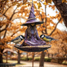 (1PCS) Meditating Witch Garden Bird Feeder, Purple Resin Witch Hat Design with Rope Hanger, 13cm x 12cm x 16cm), Outdoor Garden Decor