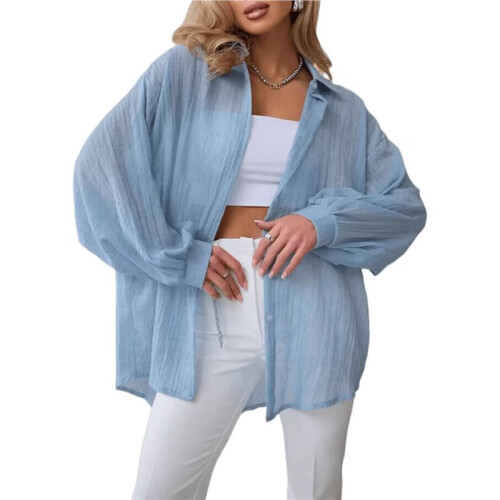Women'S Solid Collared Long Sleeve Loose Fit Button Down Shirt Light  S 1