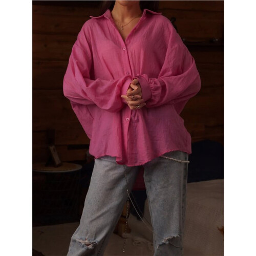 Women'S Solid Collared Long Sleeve Loose Fit Button Down Shirt Plum Color S 2