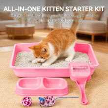 PAWISE Cat Accessories Set of 4 Cat Accessories Including Litter Tray, Litter Scoop, Bowl and Kitten Toy, 14.5 x 10.5 Inches, Pink