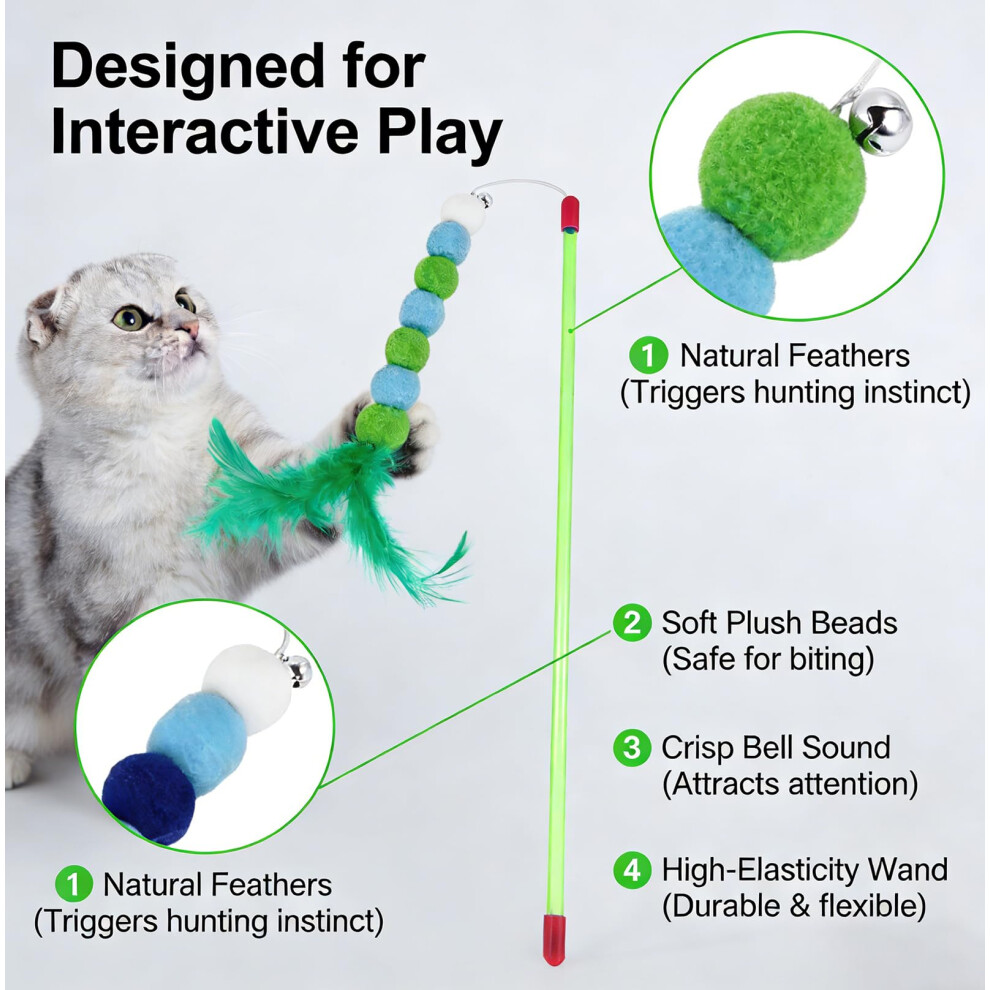 Kaelosyn Cat Wand Toys With Feathers & Bell – Cat Feather Toy, Cattoy Colorful Interactive Kitten Teaser, Toys For Cats Plush Ball & Feather