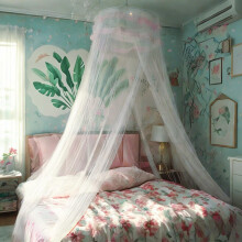 Eimilaly Lace Bed Canopy Mosquito Netting with Warm Lights Princess Be