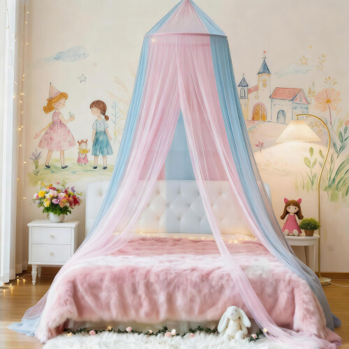 Eimilaly Two-tone Bed Canopy Mosquito Net Pink Blue, Bed Canopy for